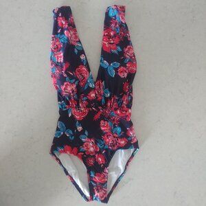 Modcloth HighDive navy blue red floral one piece swimsuit bathing suit c…